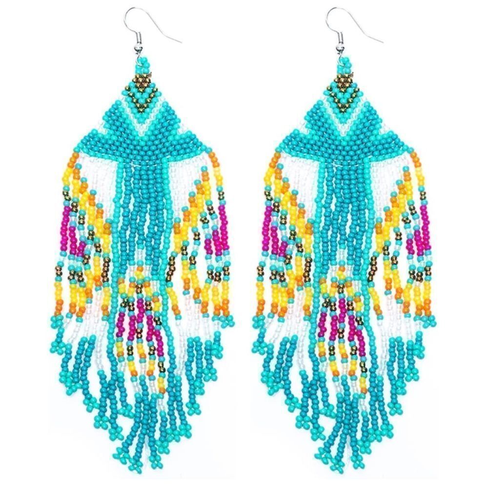Southwestern Boho Seed Bead Tassel Dangling Statement French Wire Hook Earrings